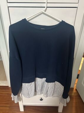Maeve Sweatshirt Twofer Crew Neck Ruffle Striped cuffs and hem Size M